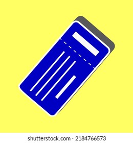 Ticket simple sign. Blue Icon with white stroke in 3d at yellow Background. Illustration.