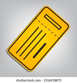 Ticket simple sign. Flat orange icon with overlapping linear black icon with gray shadow at whitish background. Illustration.
