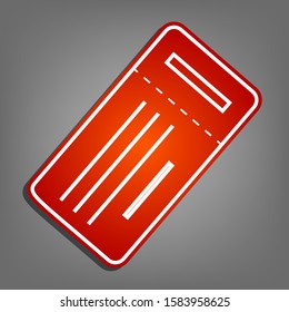 Ticket simple sign. Flat red icon with linear white icon with gray shadow at grayish background. Illustration.