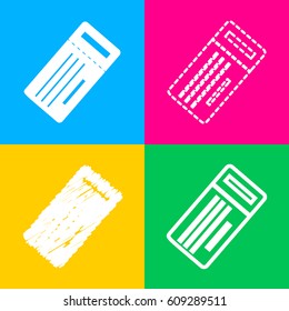 Ticket simple sign. Four styles of icon on four color squares.