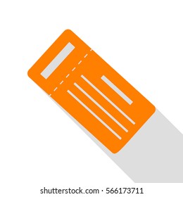 Ticket simple sign. Orange icon with flat style shadow path.