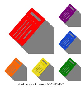 Ticket simple sign. Set of red, orange, yellow, green, blue and violet icons at white background with flat shadow.