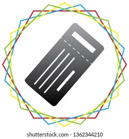 Ticket simple sign. Vector. Black icon with patch of light inside colorful hexagonal frames at white background.