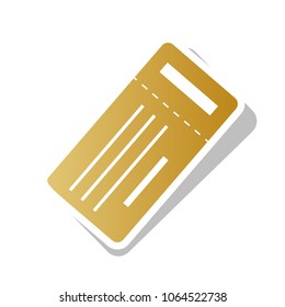 Ticket simple sign. Vector. Golden gradient icon with white contour and rotated gray shadow at white background.