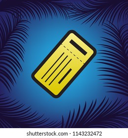 Ticket simple sign. Vector. Golden icon with black contour at blue background with branches of palm trees.