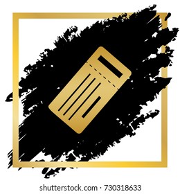 Ticket simple sign. Vector. Golden icon at black spot inside golden frame on white background.