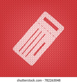 Ticket simple sign. Vector. Knitted white icon on a red knitted background.