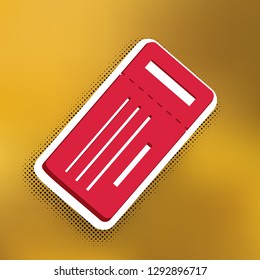Ticket simple sign. Vector. Magenta icon with darker shadow, white sticker and black popart shadow on golden background.