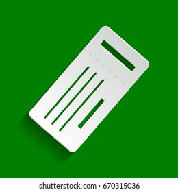 Ticket simple sign. Vector. Paper whitish icon with soft shadow on green background.