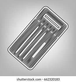 Ticket simple sign. Vector. Pencil sketch imitation. Dark gray scribble icon with dark gray outer contour at gray background.