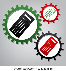 Ticket simple sign. Vector. Three connected gears with icons at grayish background.
