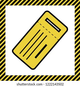 Ticket simple sign. Vector. Warm yellow icon with black contour in frame named as under construction at white background. Isolated.