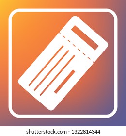 Ticket simple sign. Vector. White icon on transparent button at orange-violet gradient background.