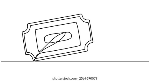 Ticket Single Line Icon, Continuous one line drawing cinema ticket. Vintage cinema ticket isolated on a white background. Vector illustration, Single continuous line drawing of ticket. one line draw. 