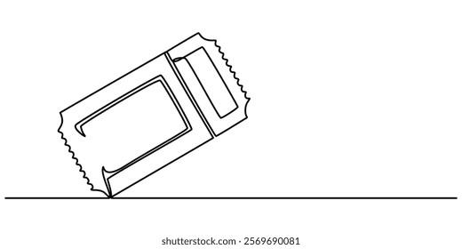 Ticket Single Line Icon, Continuous one line drawing cinema ticket. Vintage cinema ticket isolated on a white background. Vector illustration, Single continuous line drawing of ticket. one line draw. 