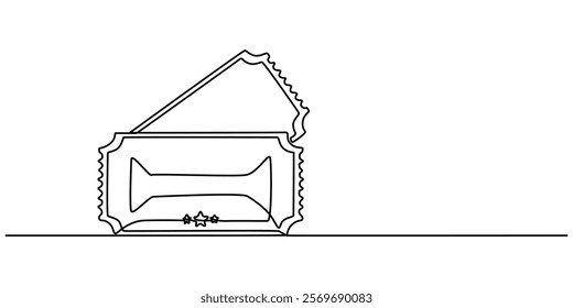 Ticket Single Line Icon, Continuous one line drawing cinema ticket. Vintage cinema ticket isolated on a white background. Vector illustration, Single continuous line drawing of ticket. one line draw. 