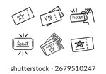  ticket with star and vip ticket doodle hand drawn icon set. Outline drawing ticket with star and vip ticket line clipart symbol collection. Vector illustration