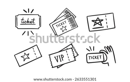  ticket with star and vip ticket doodle hand drawn icon set. Outline drawing ticket with star and vip ticket line clipart symbol collection. Vector illustration