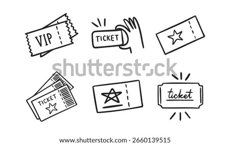  ticket with star and vip ticket doodle hand drawn icon set. Outline drawing ticket with star and vip ticket line clipart symbol collection. Vector illustration