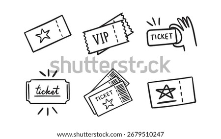  ticket with star and vip ticket doodle hand drawn icon set. Outline drawing ticket with star and vip ticket line clipart symbol collection. Vector illustration