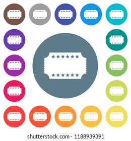 Ticket with stars flat white icons on round color backgrounds. 17 background color variations are included.