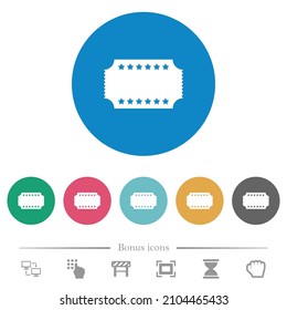 Ticket with stars flat white icons on round color backgrounds. 6 bonus icons included.