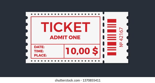Ticket stub isolated on a background. Ticket icon vector illustration in the flat style.  Retro cinema or movie tickets
