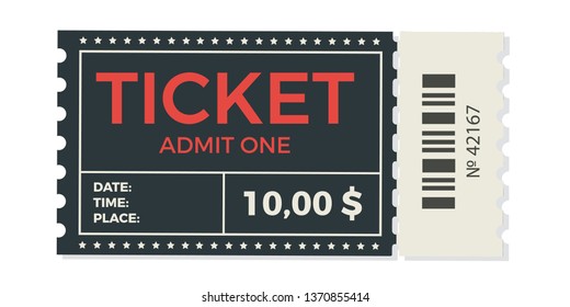 Ticket stub isolated on a background. Ticket icon vector illustration in the flat style.  Retro cinema or movie tickets