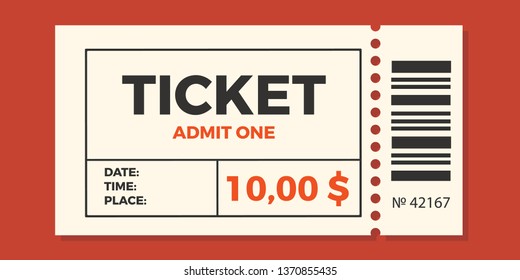 Ticket stub isolated on a background. Ticket icon vector illustration in the flat style.  Retro cinema or movie tickets