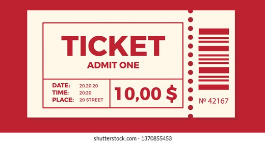 Ticket stub isolated on a background. Ticket icon vector illustration in the flat style.  Retro cinema or movie tickets