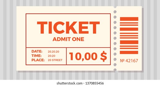 Ticket stub isolated on a background. Ticket icon vector illustration in the flat style.  Retro cinema or movie tickets