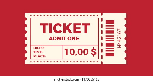Ticket stub isolated on a background. Ticket icon vector illustration in the flat style.  Retro cinema or movie tickets