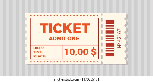 Ticket stub isolated on a background. Ticket icon vector illustration in the flat style.  Retro cinema or movie tickets