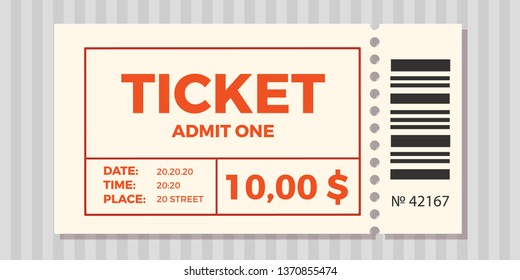 Ticket stub isolated on a background. Ticket icon vector illustration in the flat style.  Retro cinema or movie tickets