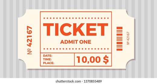 Ticket stub isolated on a background. Ticket icon vector illustration in the flat style.  Retro cinema or movie tickets