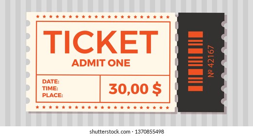 Ticket stub isolated on a background. Ticket icon vector illustration in the flat style.  Retro cinema or movie tickets