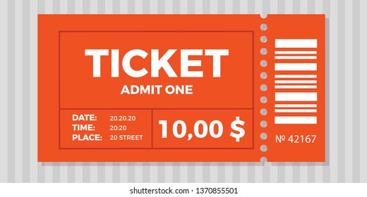 Ticket stub isolated on a background. Ticket icon vector illustration in the flat style.  Retro cinema or movie tickets