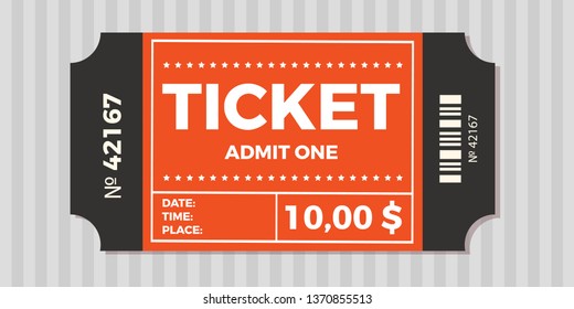 Ticket stub isolated on a background. Ticket icon vector illustration in the flat style.  Retro cinema or movie tickets