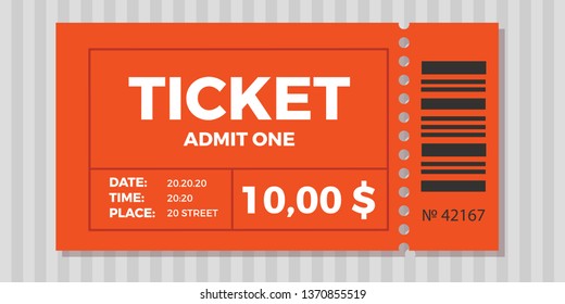 Ticket stub isolated on a background. Ticket icon vector illustration in the flat style.  Retro cinema or movie tickets