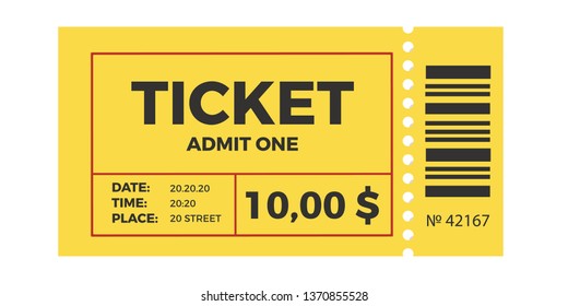 Ticket stub isolated on a background. Ticket icon vector illustration in the flat style.  Retro cinema or movie tickets