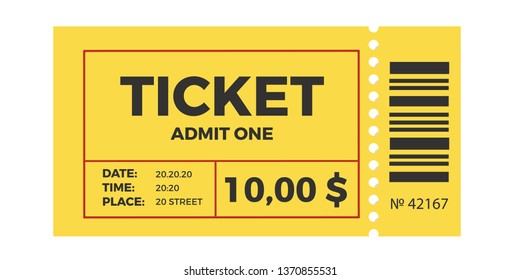 Ticket stub isolated on a background. Ticket icon vector illustration in the flat style.  Retro cinema or movie tickets