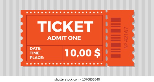 Ticket stub isolated on a background. Ticket icon vector illustration in the flat style.  Retro cinema or movie tickets