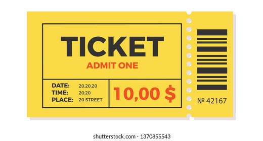 Ticket stub isolated on a background. Ticket icon vector illustration in the flat style.  Retro cinema or movie tickets