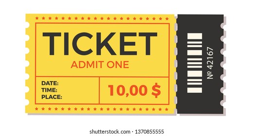 Ticket stub isolated on a background. Ticket icon vector illustration in the flat style.  Retro cinema or movie tickets