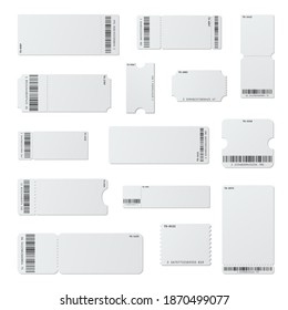 Ticket Stubs Empty With Barcode Realistic Templates Set. Blanks For Tear-off Coupons. Season Pass With Digital Identification. Gift Cards, Tickets Mockups. Vector Collection Isolated On White.