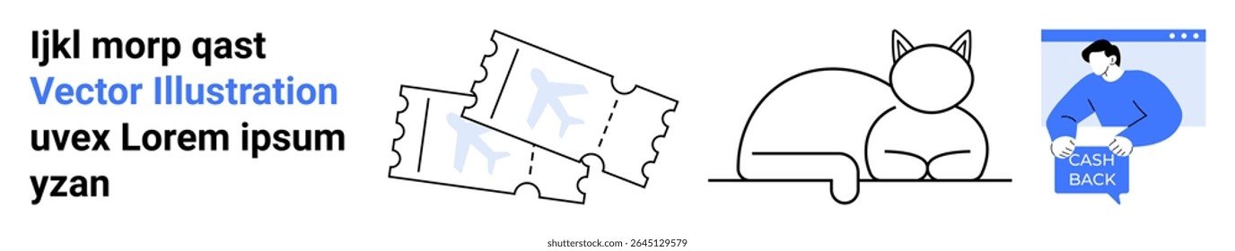 Ticket stubs, line-art cat, person holding a book, and text elements in blue and black. Ideal for entertainment, pet care, education, graphic design, digital content, advertising, and promotional