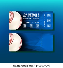 Ticket Tear-off Coupon On Baseball Match Vector. Bright Blue Card Invitation For Visit Baseball Premier League. White Playing Ball With Red Thread At Seams And Venue Details Realistic 3d Illustration