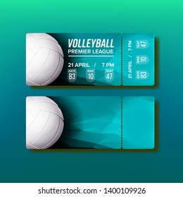 Ticket Tear-off Coupon On Volleyball Match Vector. Turquoise Ticket Design Ball And Information Place And Date Of Playing Game Competition. Invitation On Premier League Realistic 3d Illustration