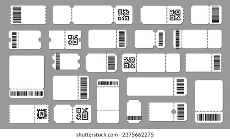 Plantilla de tickets con código. Etiqueta de código de barras con texto, vale de código auxiliar con código QR y código de barras. Combinación para el vector del vale de evento de la plantilla juego de regalos con código de barras