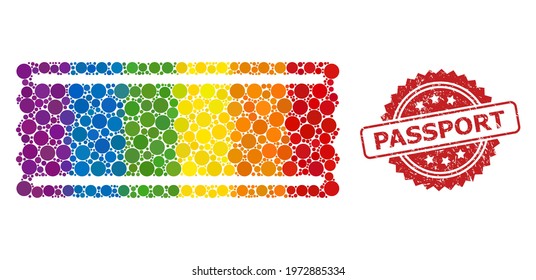 Ticket template collage icon of spheric dots in different sizes and LGBT colored color hues, and Passport unclean rosette seal imitation. A dotted LGBT-colored Ticket template for lesbians, gays,